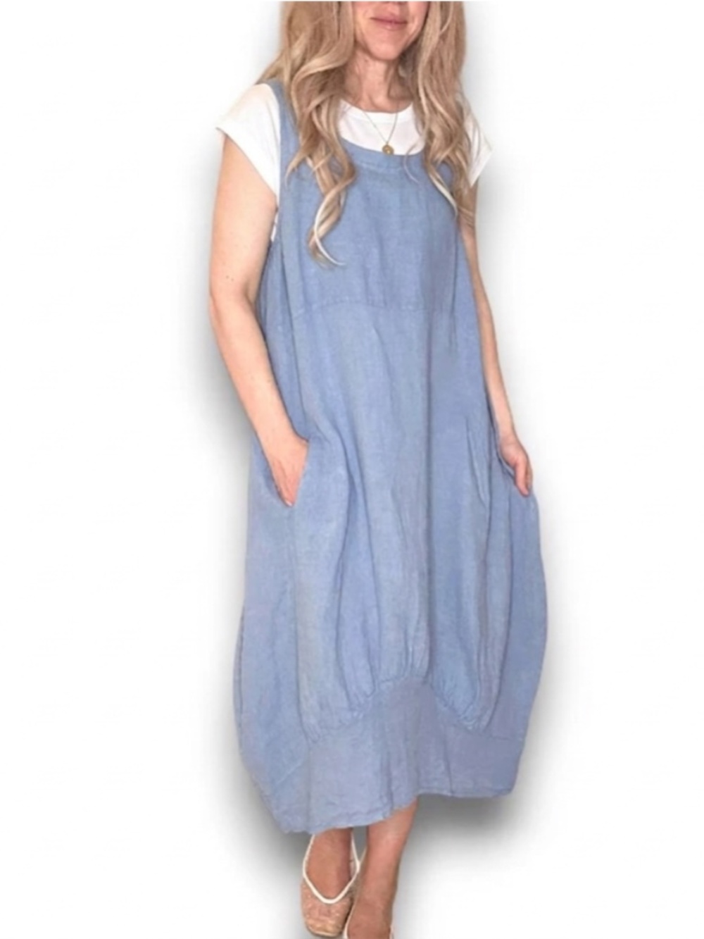 Made in Italy women dress size L linen blue maxi tulip tank - Picture 4 of 11